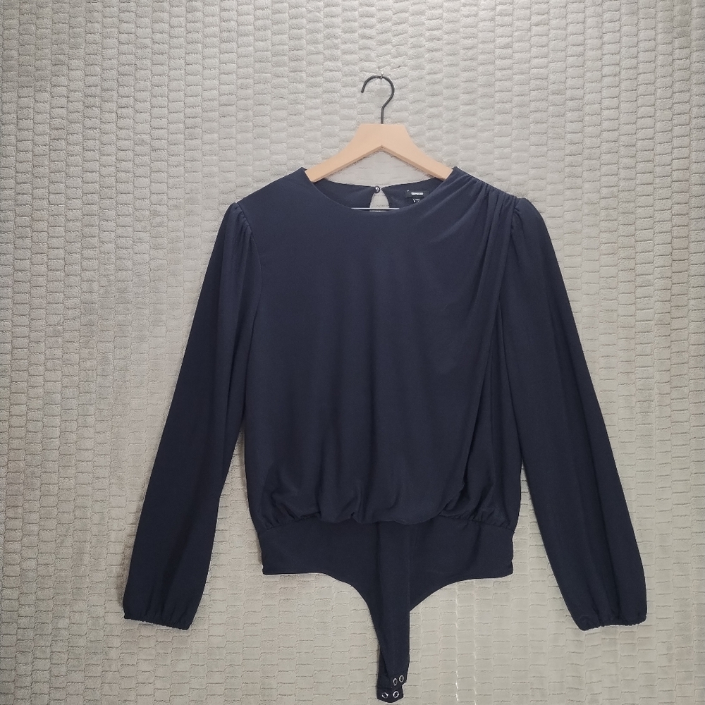 Express Navy Blouse Bodysuit Gathered Sleeves Shirred Shoulder-Elegant-Sz L